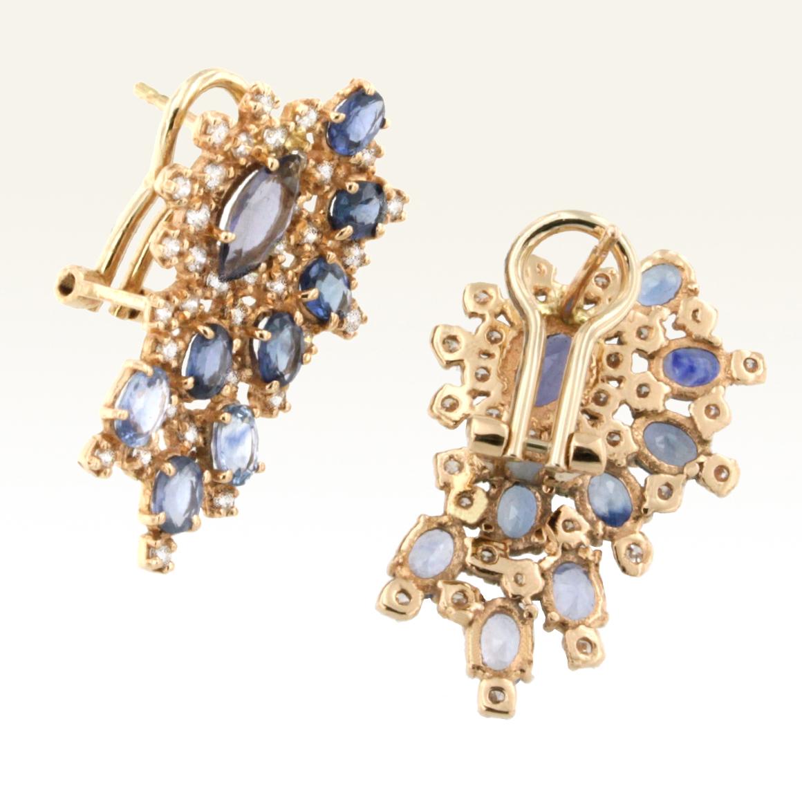 Oval Cut 18 Karat Rose Gold with Blue Sapphire and White Diamond Earrings