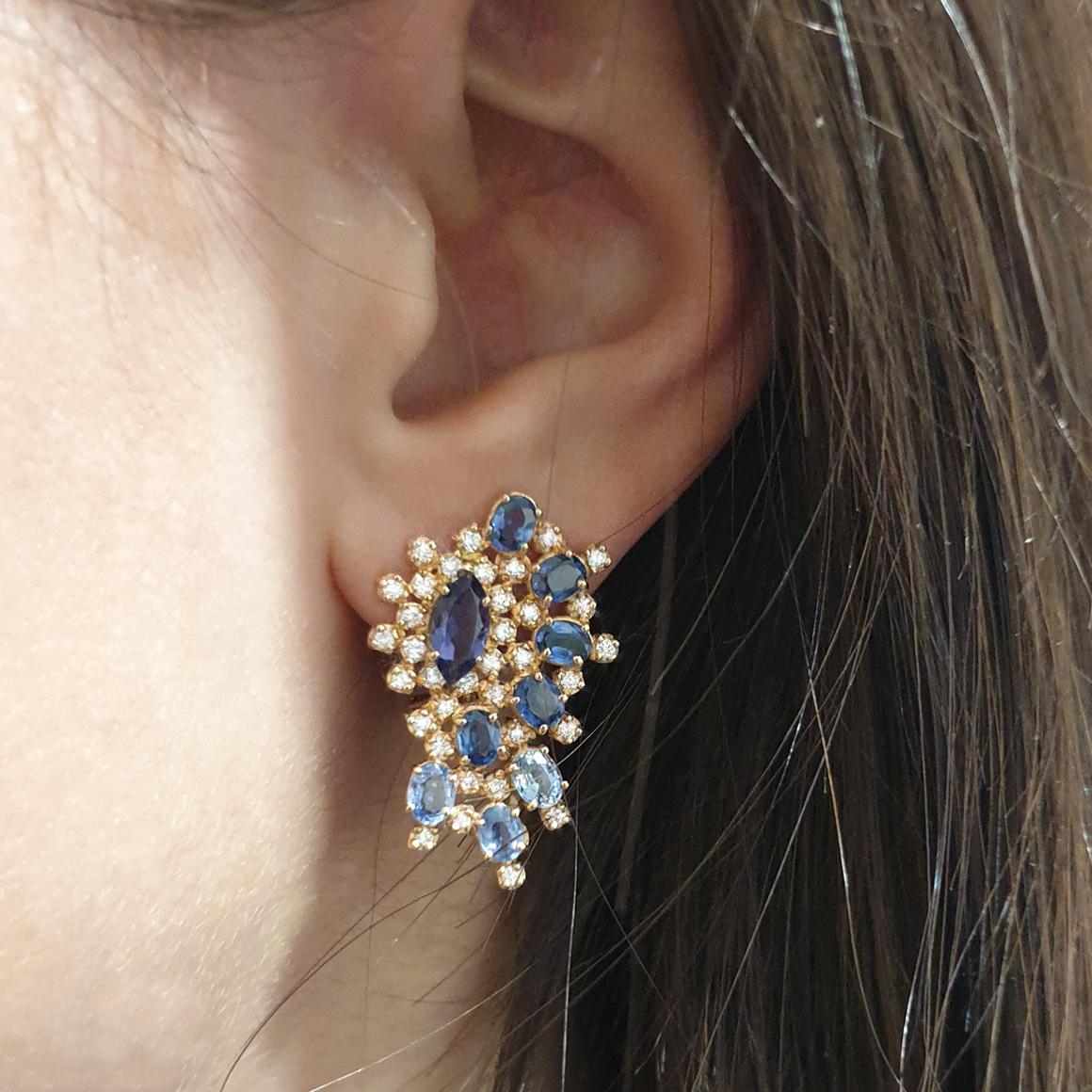 18 Karat Rose Gold with Blue Sapphire and White Diamond Earrings 2
