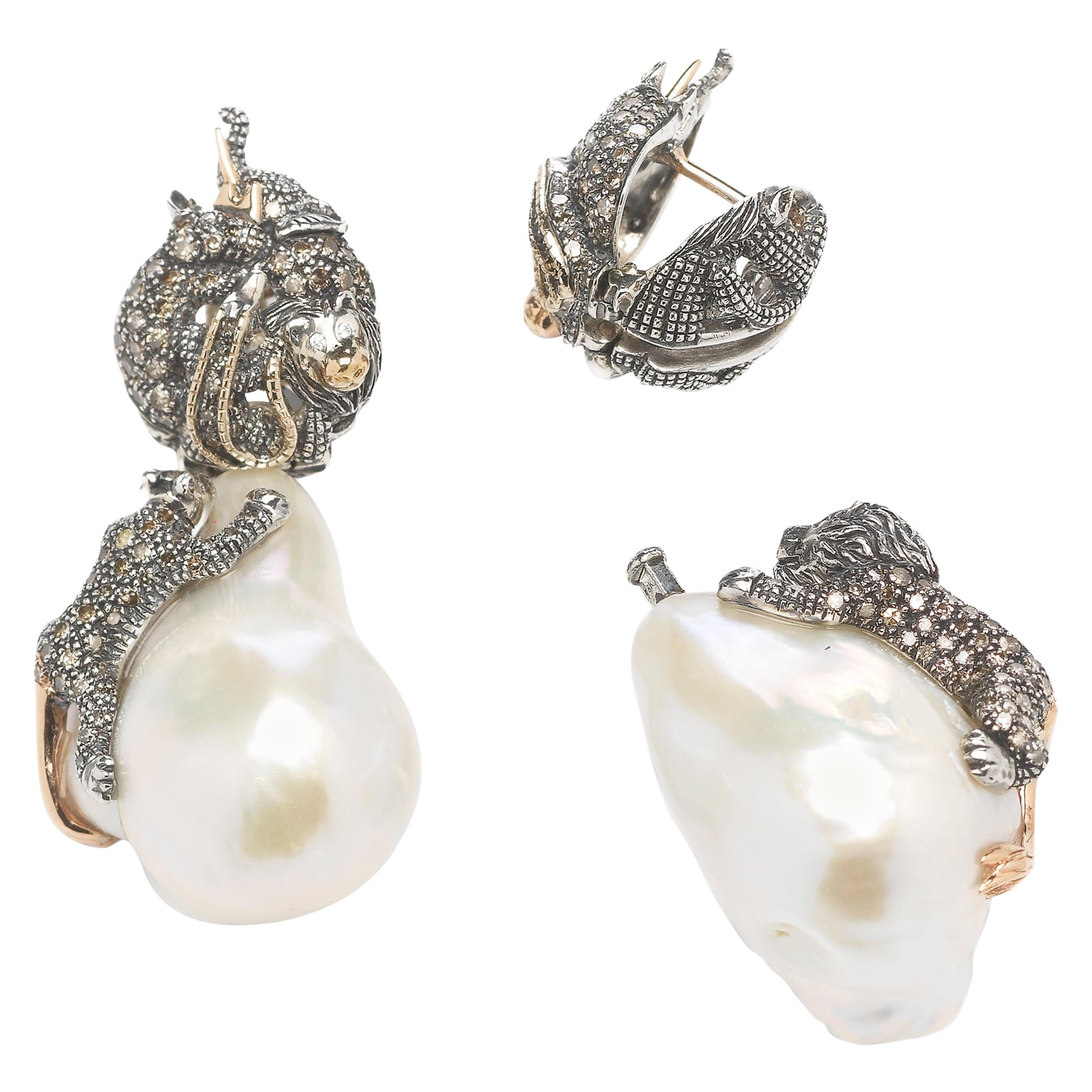 18 Karat Rose Gold with Diamond Animals and Baroque Pearls Earrings For Sale