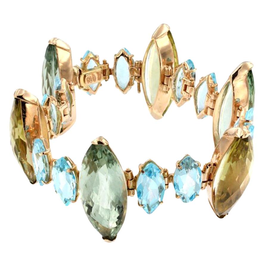 Bracelet en or rose 18 carats avec améthyste verte, quartz citron et topaze bleue