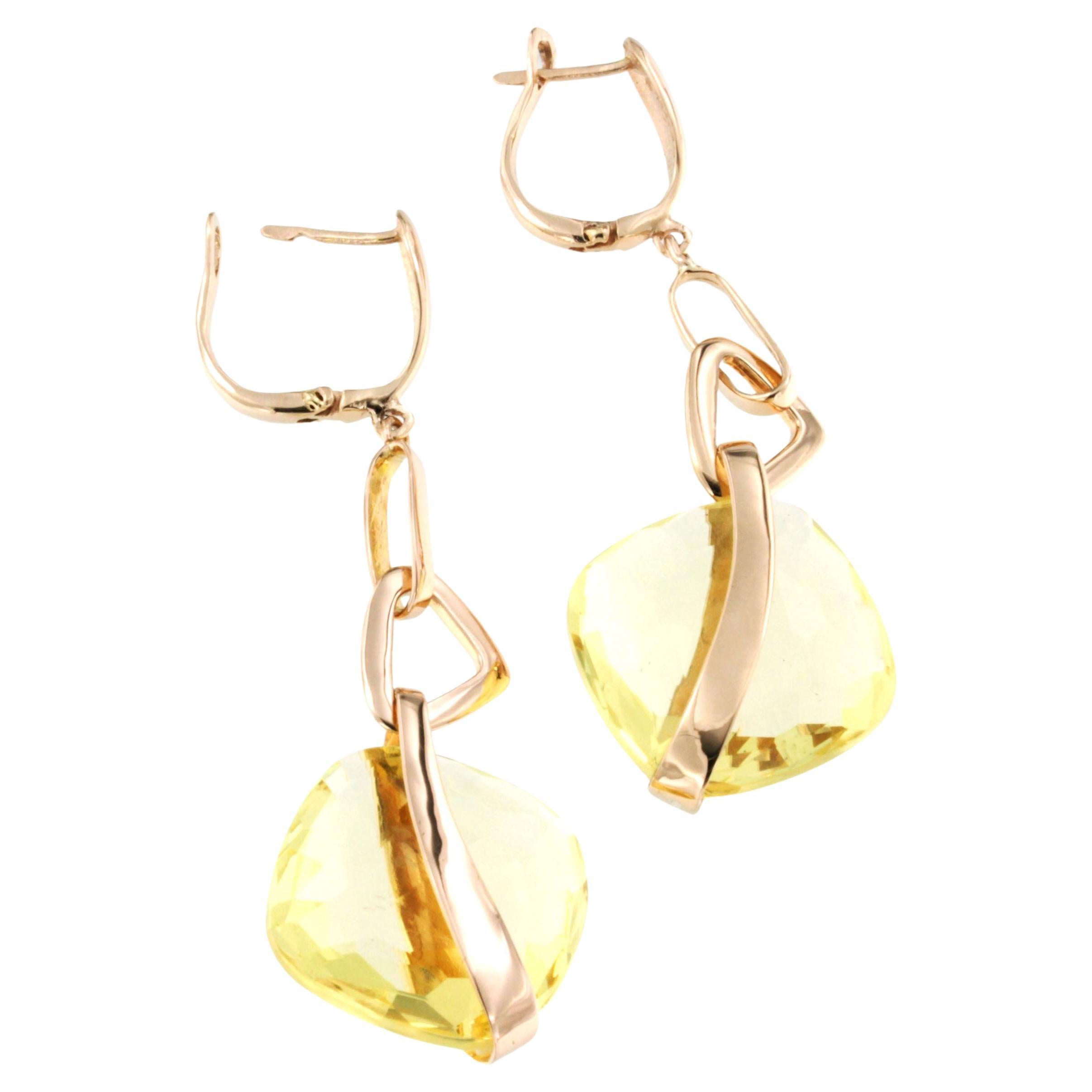 Superbes boucles d'oreilles pendantes modernes en or rose 18 carats avec Qurartz citron en vente