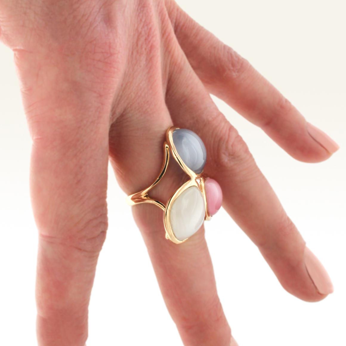 18 Karat Rose Gold with Moonstone and Colored Stones Cocktail Ring In New Condition For Sale In GALLARATE, IT
