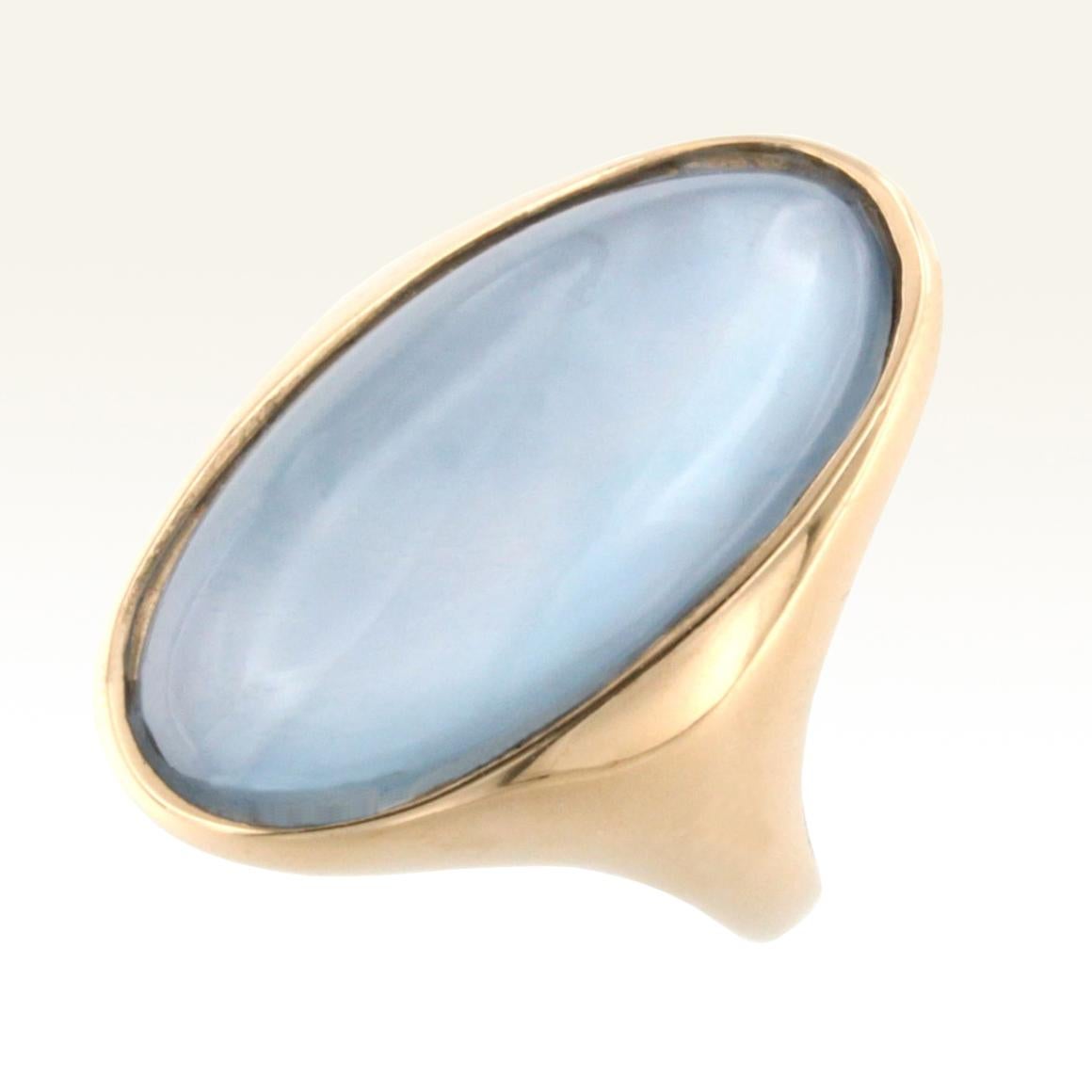 Ring in rose gold 18 Karat with Double stone: Mother of Pearl and Blue Topaz cabochon oval cut (size: 12x25 mm).
This ring is part of the new collection 