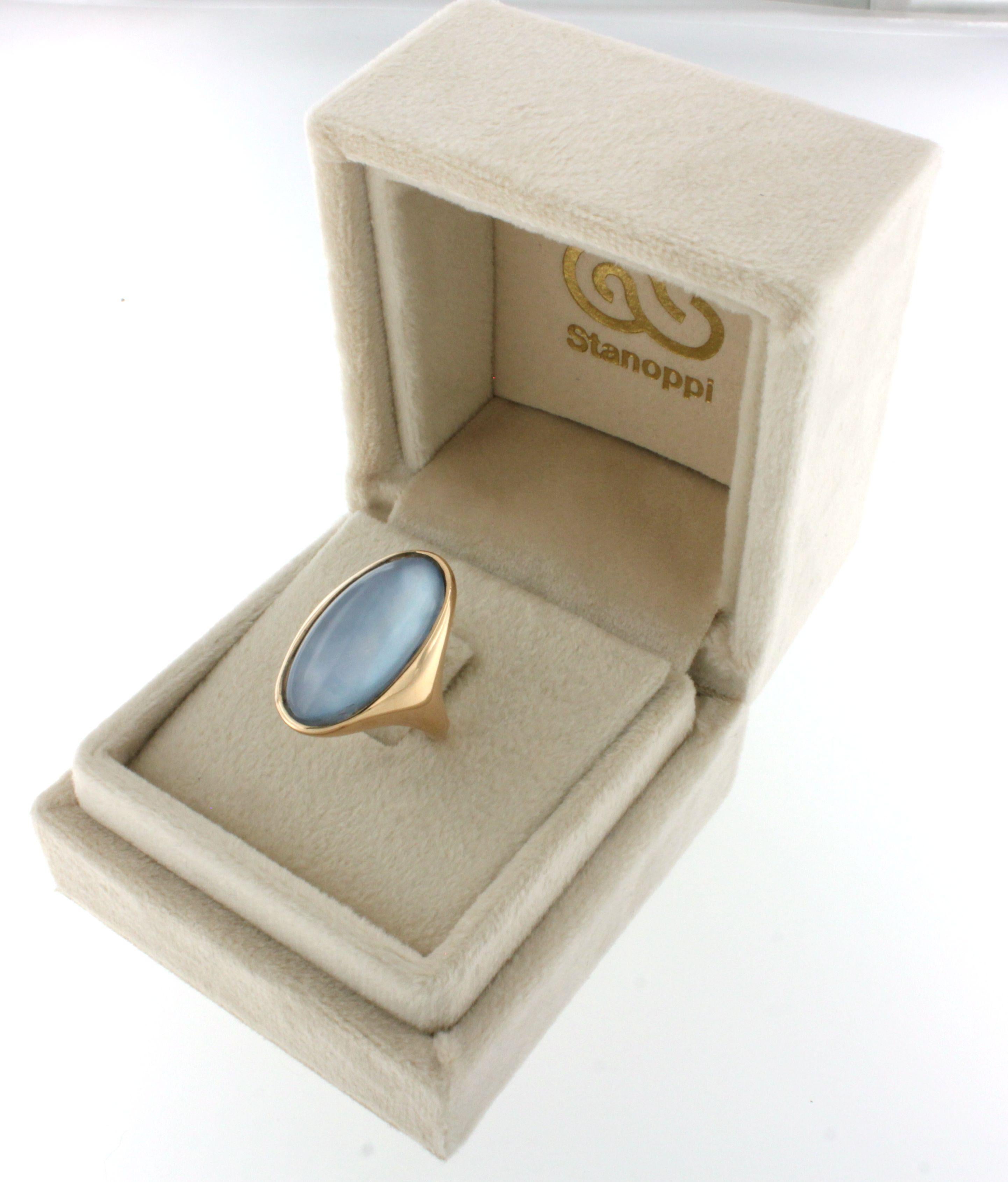 Women's or Men's 18 Karat Rose Gold with Mother of Pearl and Blue Topaz Modern  Ring For Sale