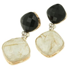 Boucles d'oreilles à la mode en or rose 18 carats, quartz onyx rutile et diamants blancs