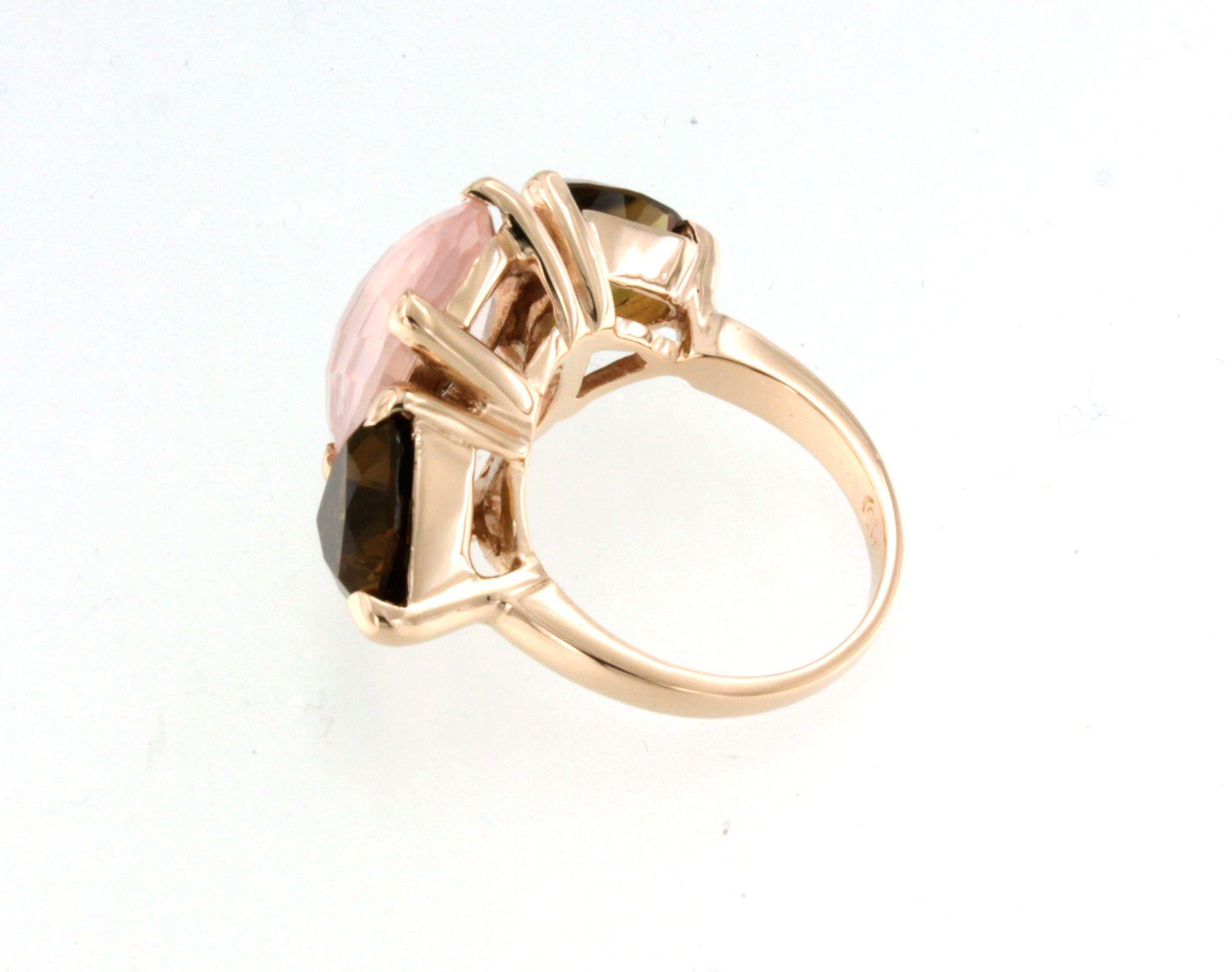 Rose Cut 18 Karat Rose Gold With Pink Quartz And Whisky Citrine Modern Cocktail Ring For Sale