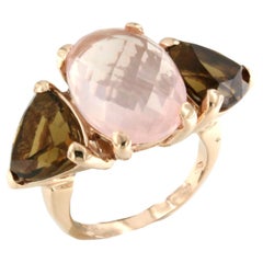 18 Karat Rose Gold With Pink Quartz And Whisky Citrine Modern Cocktail Ring