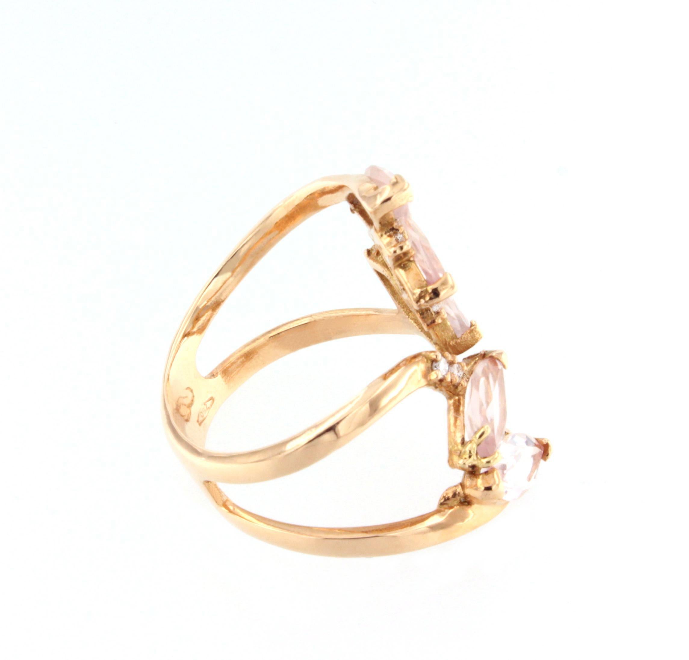 Marquise Cut 18 Karat Rose Gold with Pink Quartz and White Diamond Ring For Sale
