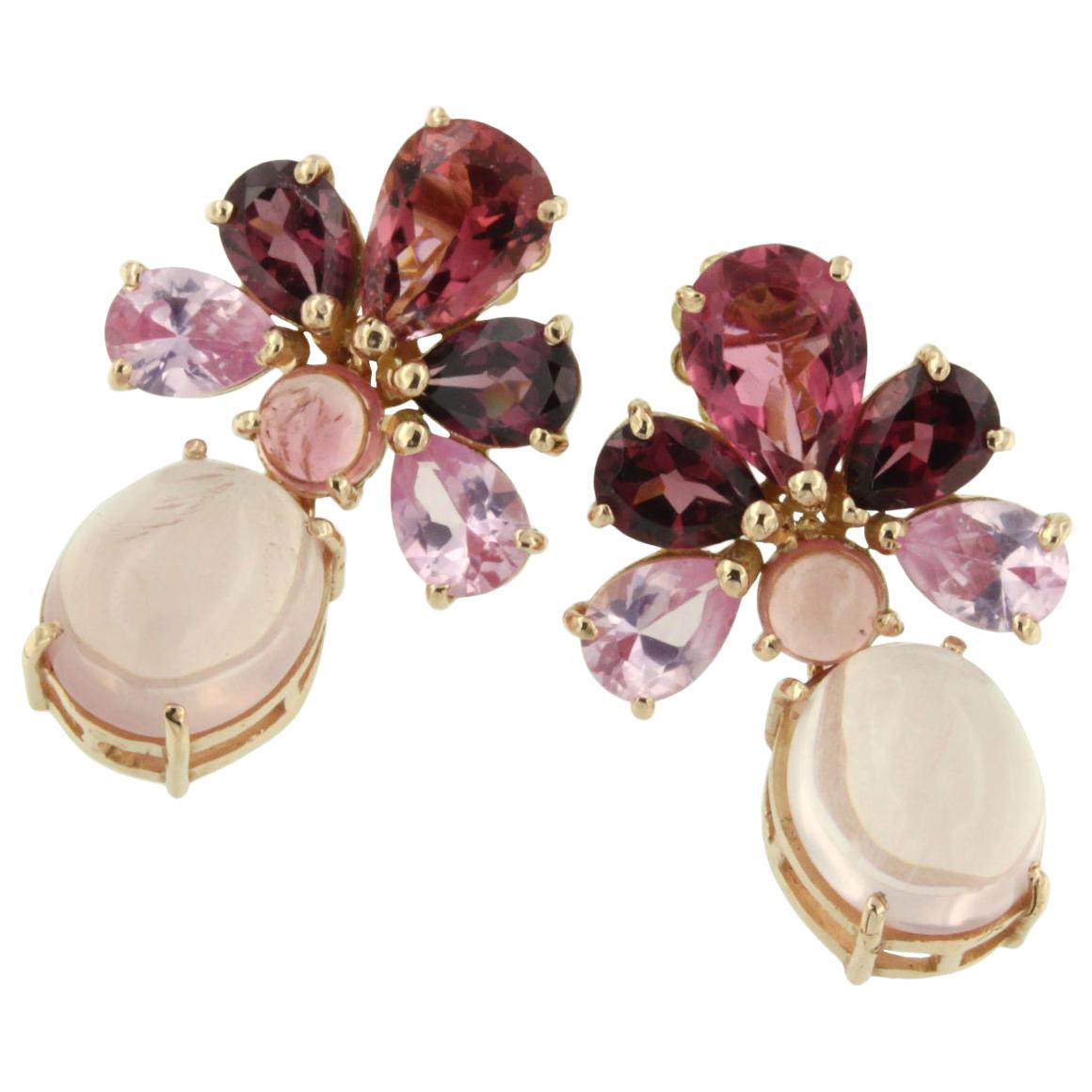 18 Karat Rose Gold with Pink Tourmaline and Pink Quartz Earrings For Sale