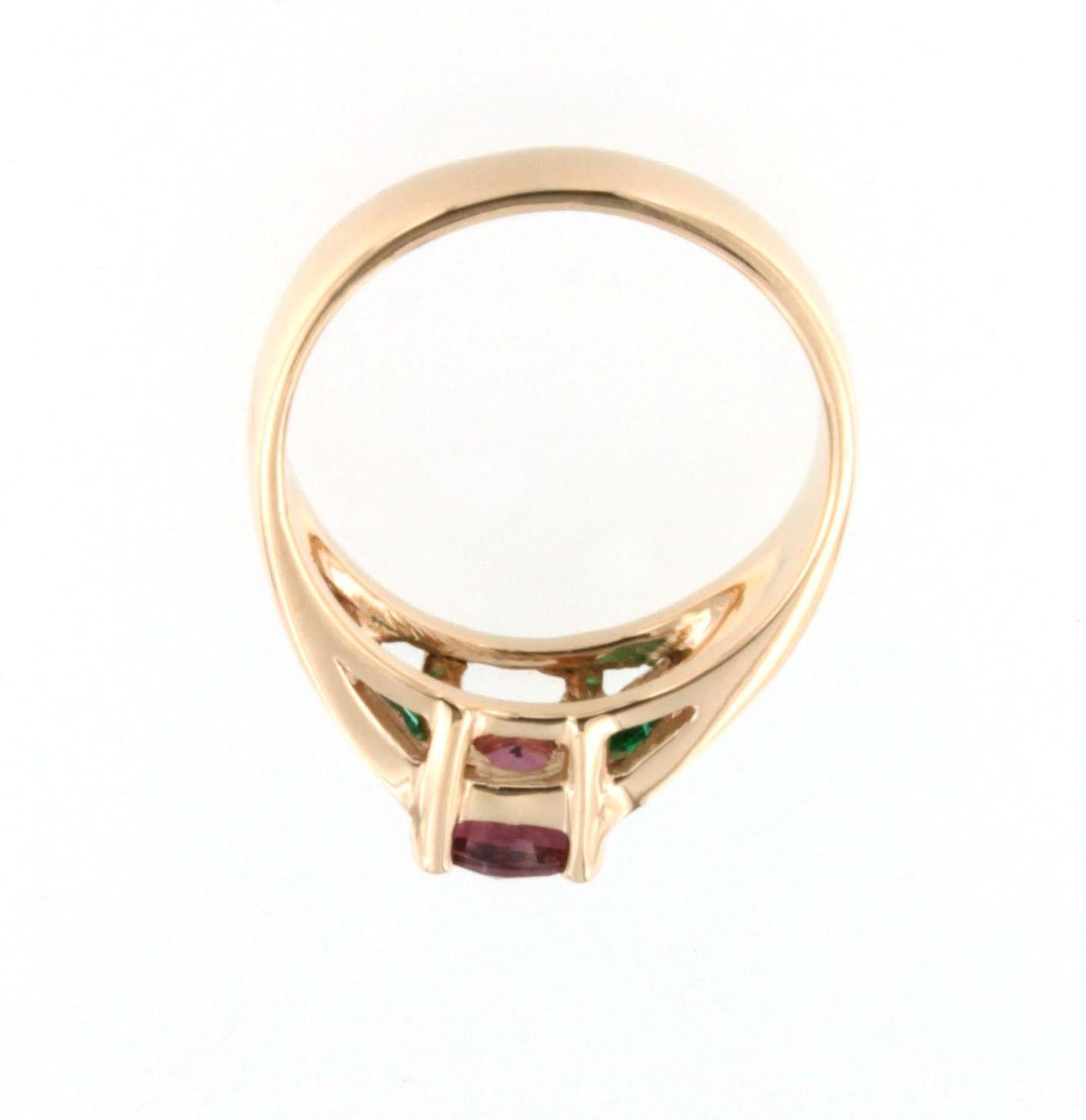 Round Cut 18 Karat Rose Gold with Pink Tourmaline Emerald and White Diamond Cocktail Ring For Sale