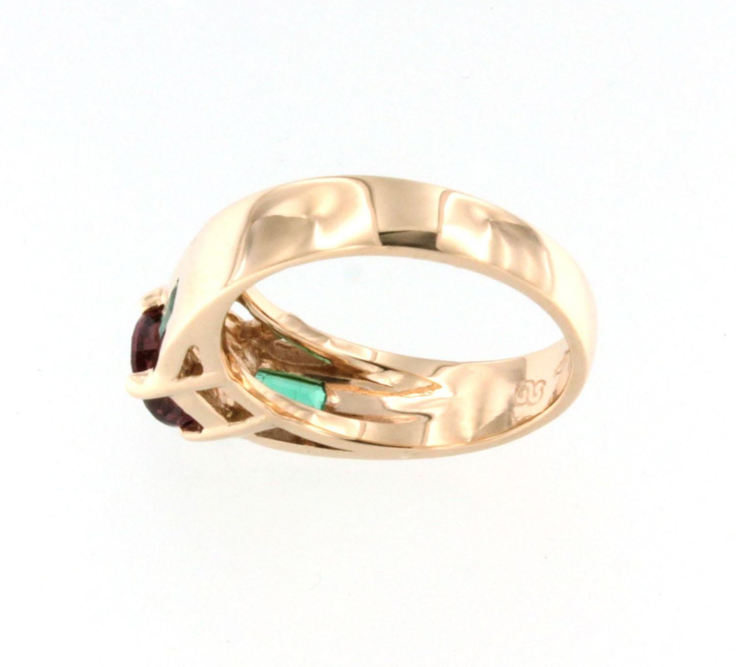 Women's 18 Karat Rose Gold with Pink Tourmaline Emerald and White Diamond Cocktail Ring For Sale