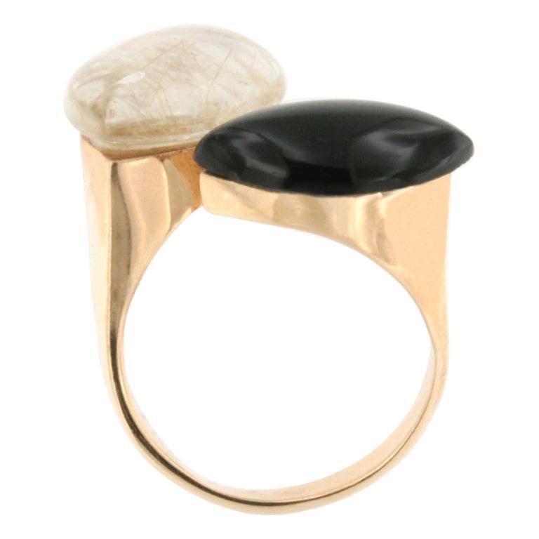 18 Karat Rose Gold with Rutilated Quartz and Onix Ring For Sale