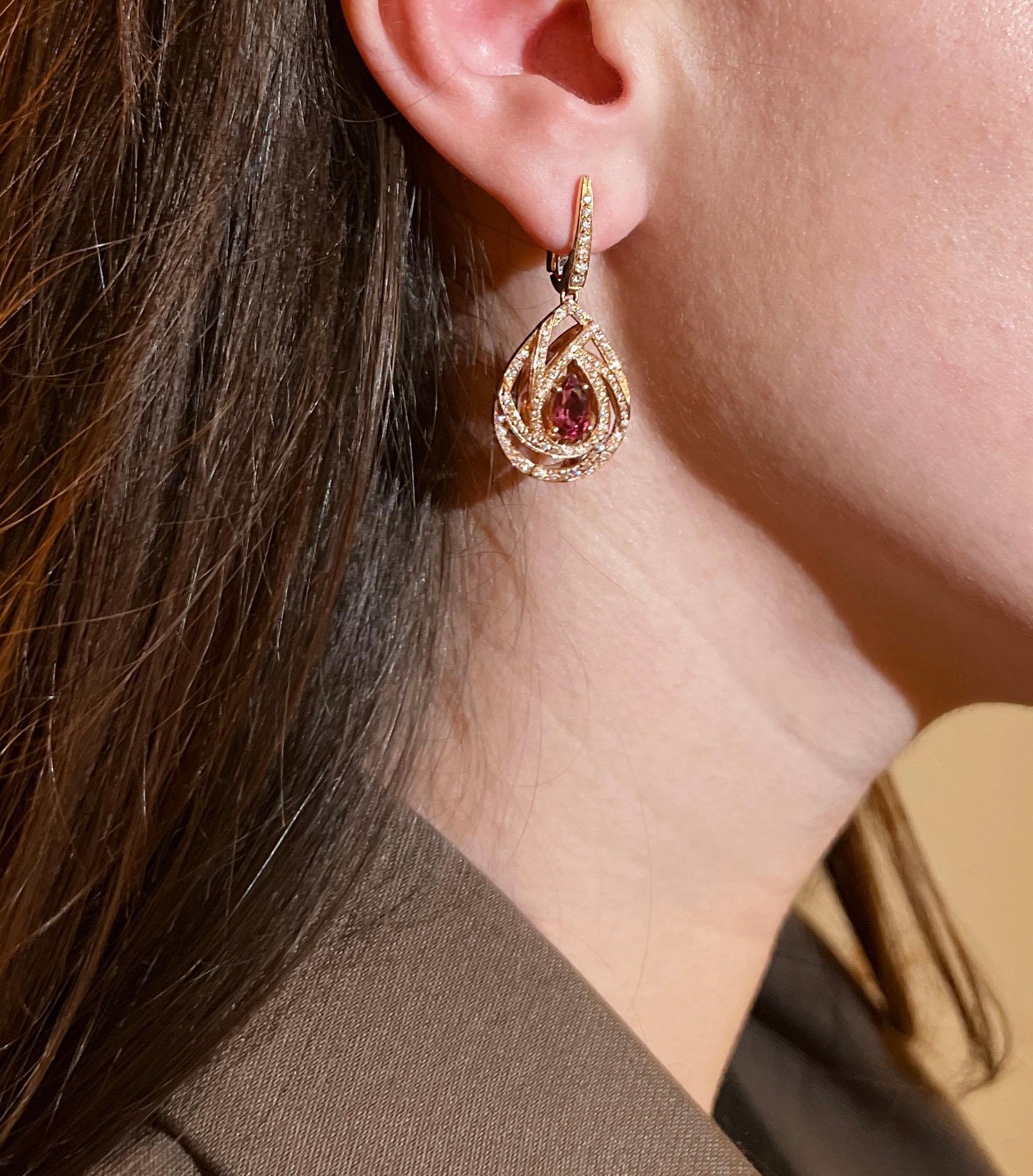 Modern 18 Karat Rose Gold with White Diamonds and Pink Tourmaline Earrings