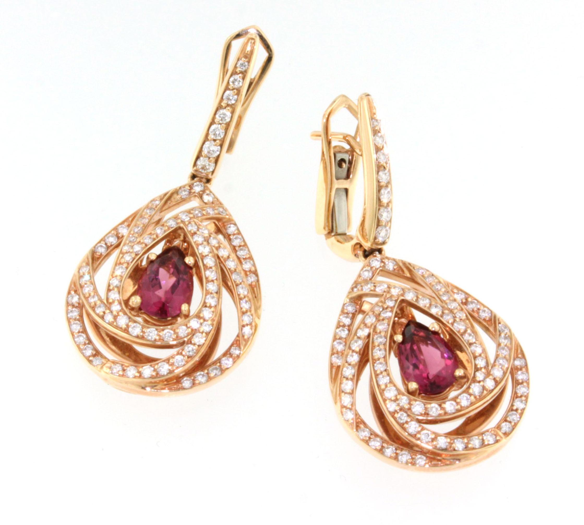 Brilliant Cut 18 Karat Rose Gold with White Diamonds and Pink Tourmaline Earrings