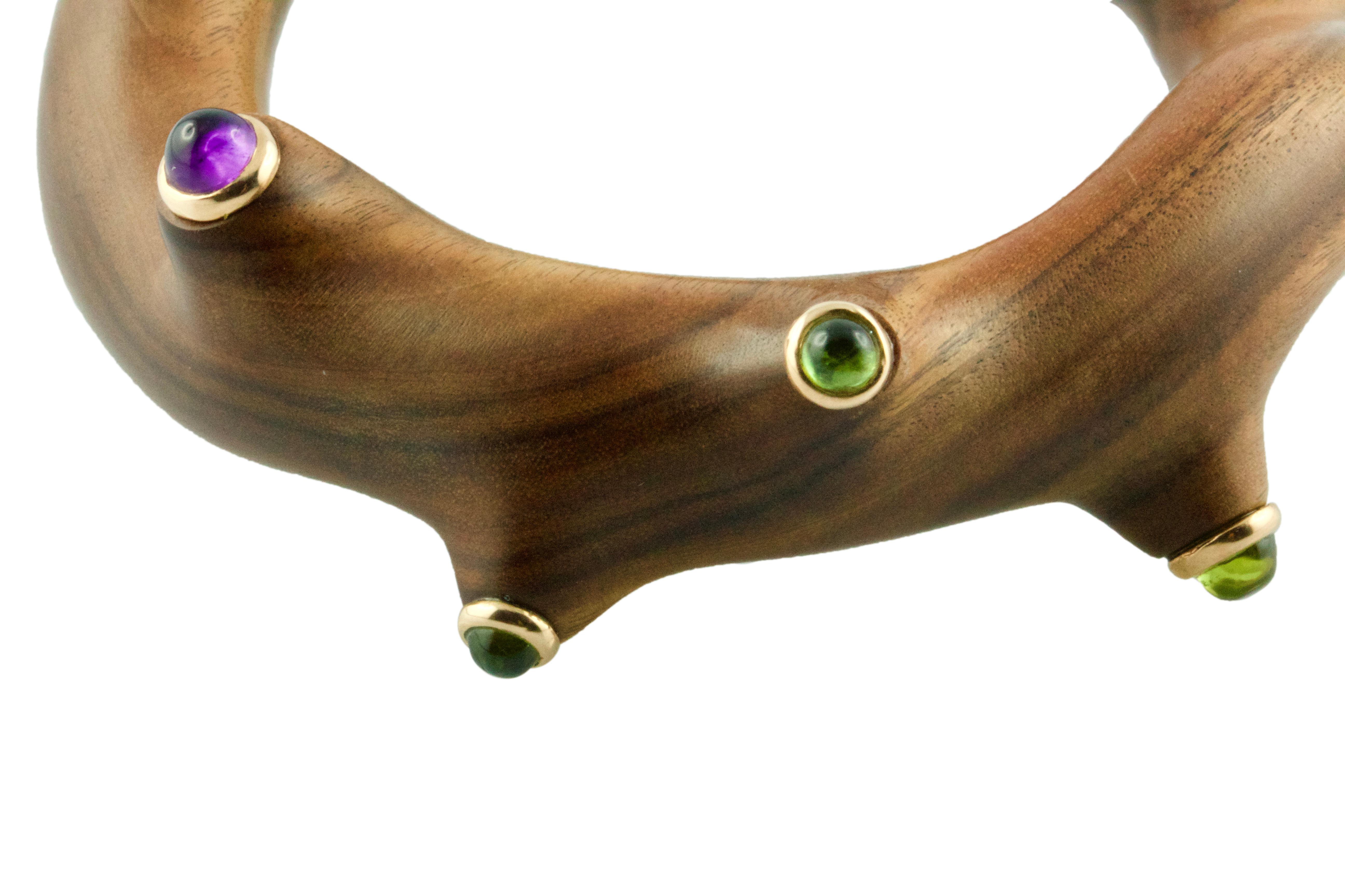 18 Karat Rose Gold Wood Bangle Bracelet Green Tourmaline Amethyst In New Condition In Milano, IT