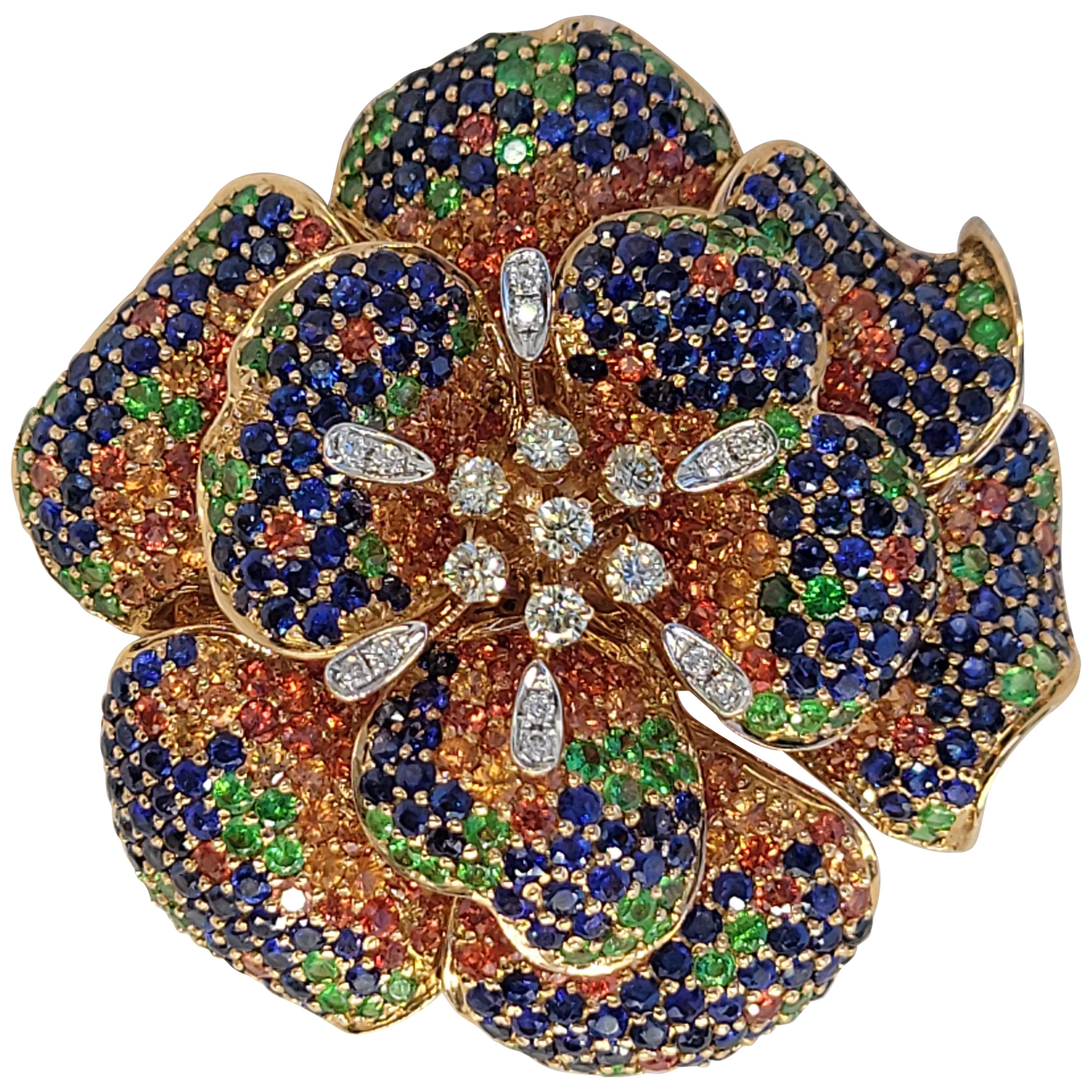 18 Karat Rose Multi-Color Blue and Orange Sapphire 3 in 1 Brooch Ring Pendant For Sale