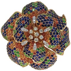 18 Karat Rose Multi-Color Blue and Orange Sapphire 3 in 1 Brooch Ring Pendant