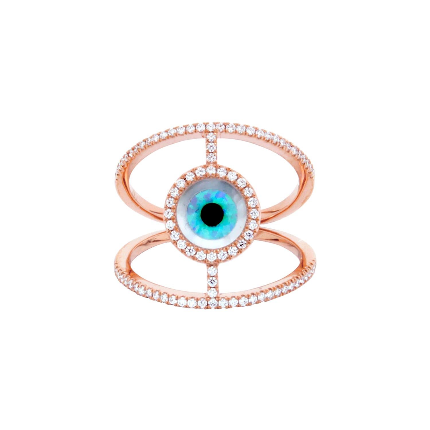 18 Karat Rose P Gold Ring with Diamonds, Turquoise and Mother of Pearl Inlay For Sale