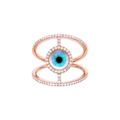 18 Karat Rose P Gold Ring with Diamonds, Turquoise and Mother of Pearl Inlay