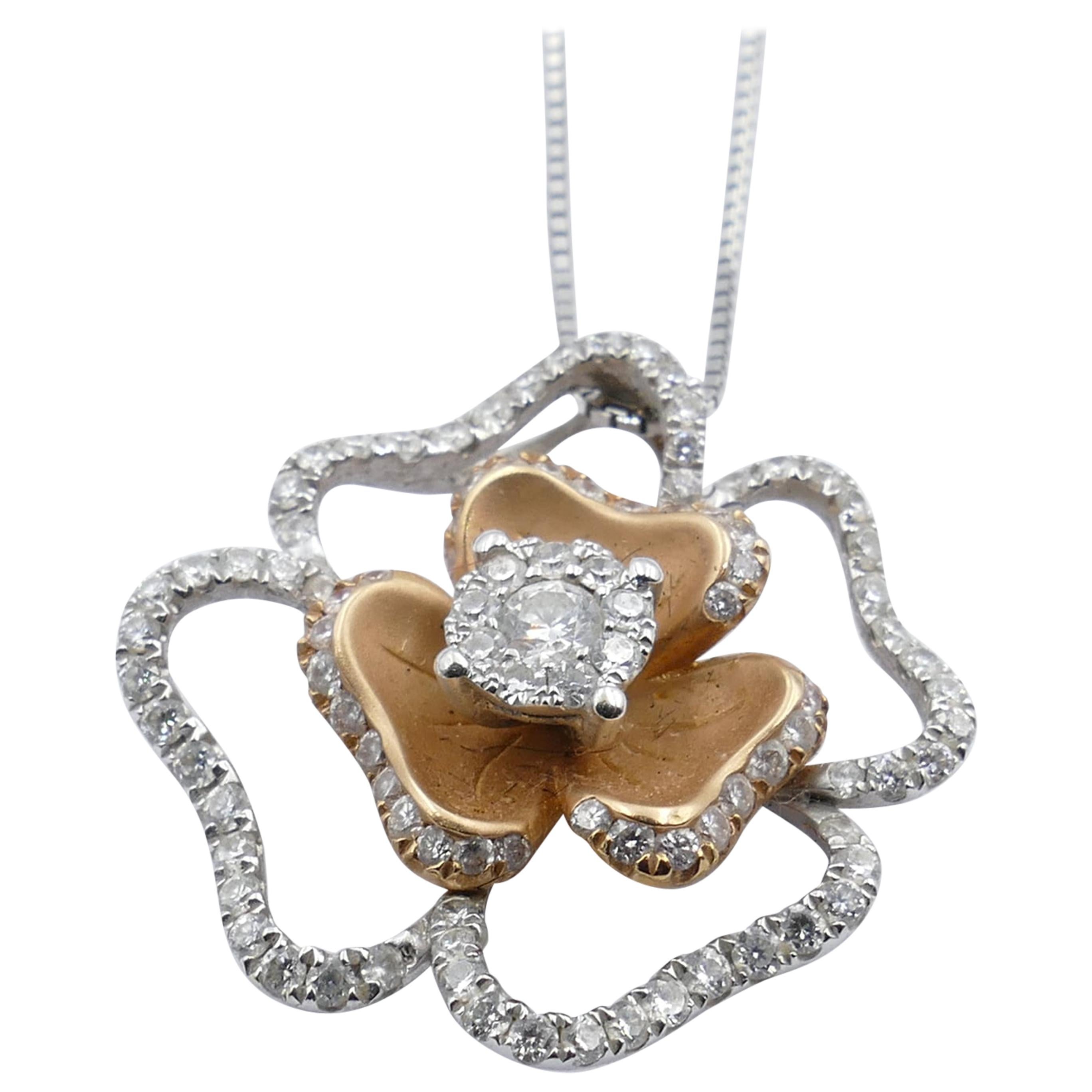 18 Karat Rose/White Gold Diamond Flower Cluster Pendant For Sale