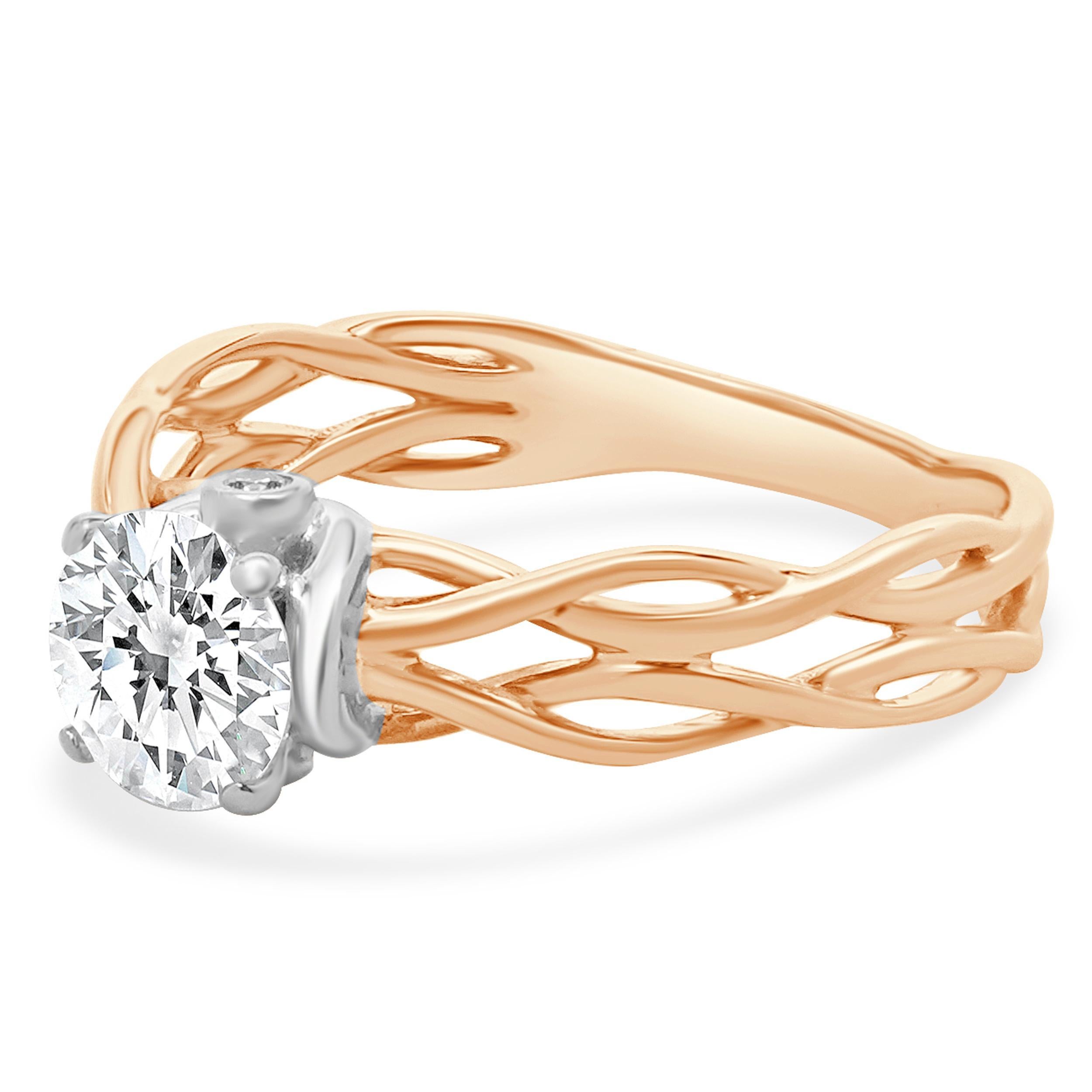 Material: 18K rose & white gold
Center Diamond: 1 round brilliant cut = 1.10ct
Color: I
Clarity: I3
Diamond: 2 round brilliant cut = 0.06cttw
Color: H
Clarity: SI2
Ring Size: 8.5 (please allow up to 2 additional business days for sizing