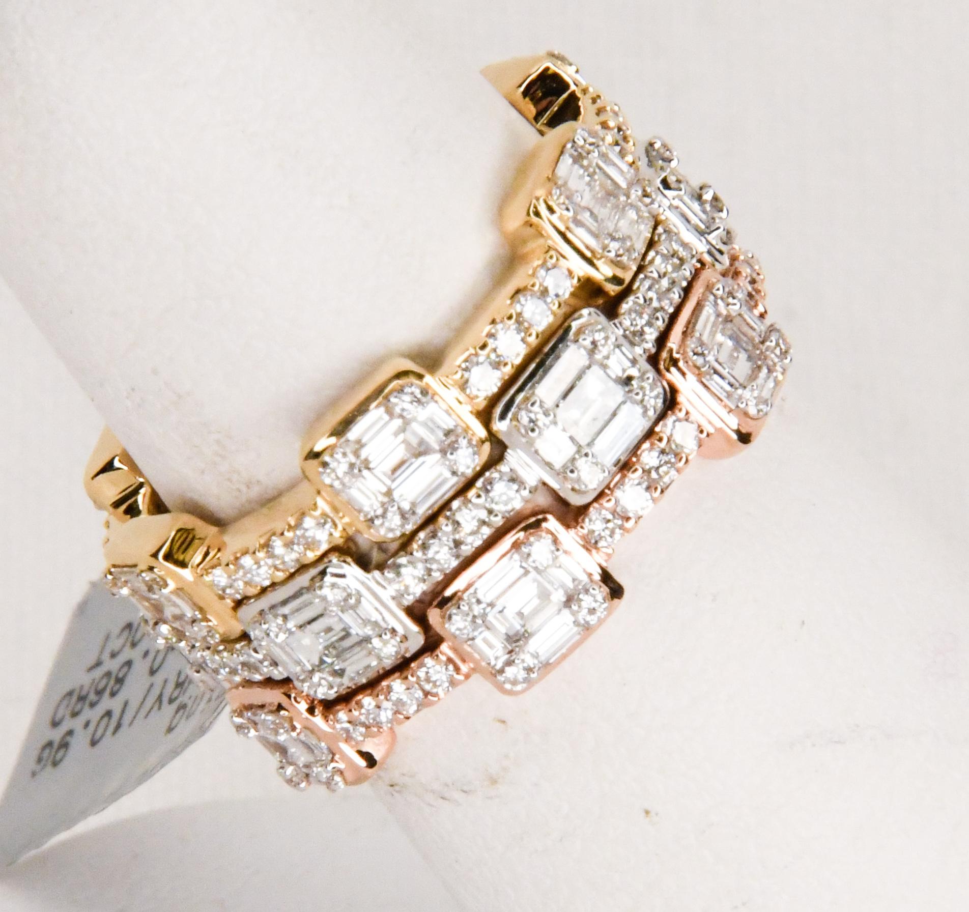 Genius of design!  Set of 3 meticulously crafted diamond stacking rings.  18 karat.  Yellow.  White and Rose Gold.  Bands appear to boast emerald cut diamonds.  This effect has been created by baguette cut and round diamonds that form an emerald cut