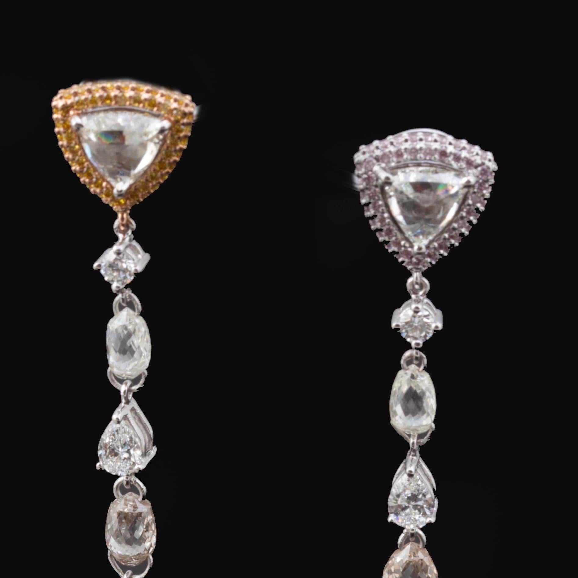 Contemporary 18 Karat Rose & Yellow Gold Rock Candy Earrings with Fancy Color Diamonds For Sale