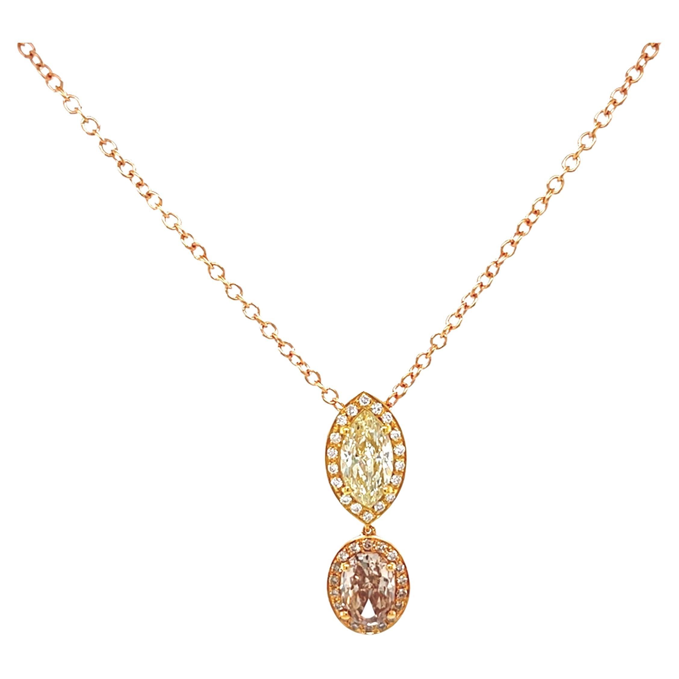18 Karat Rose Yellow Gold Oval Marquise Diamond Pendant In New Condition For Sale In Monte-Carlo, MC