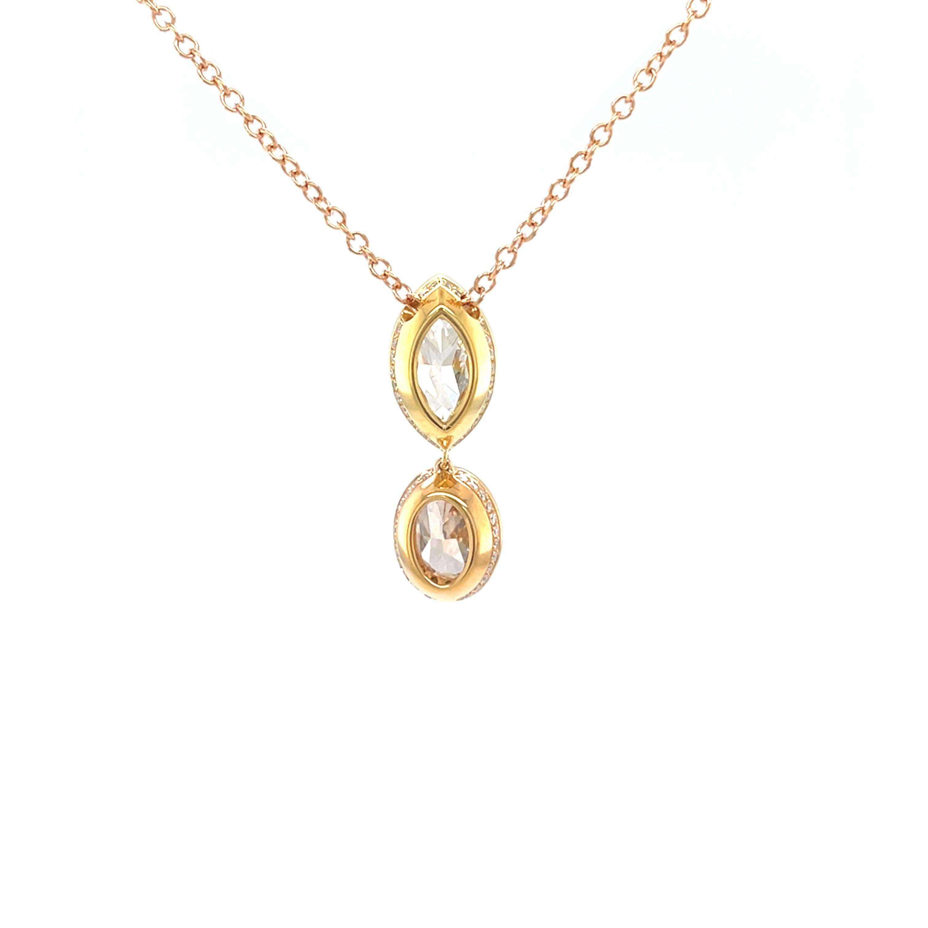 18 Karat Rose Yellow Gold Oval Marquise Diamond Pendant For Sale 3