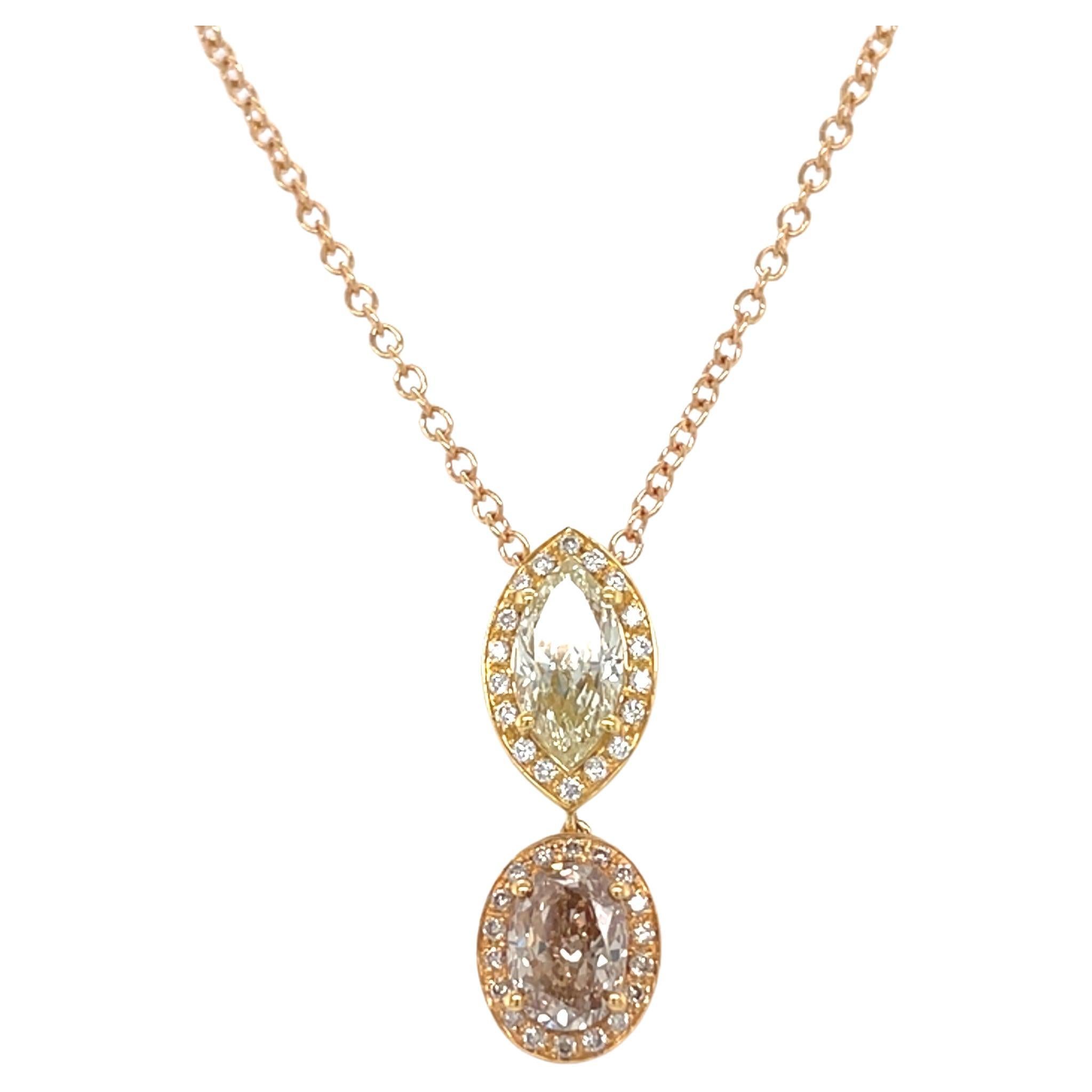 18 Karat Rose Yellow Gold Oval Marquise Diamond Pendant For Sale