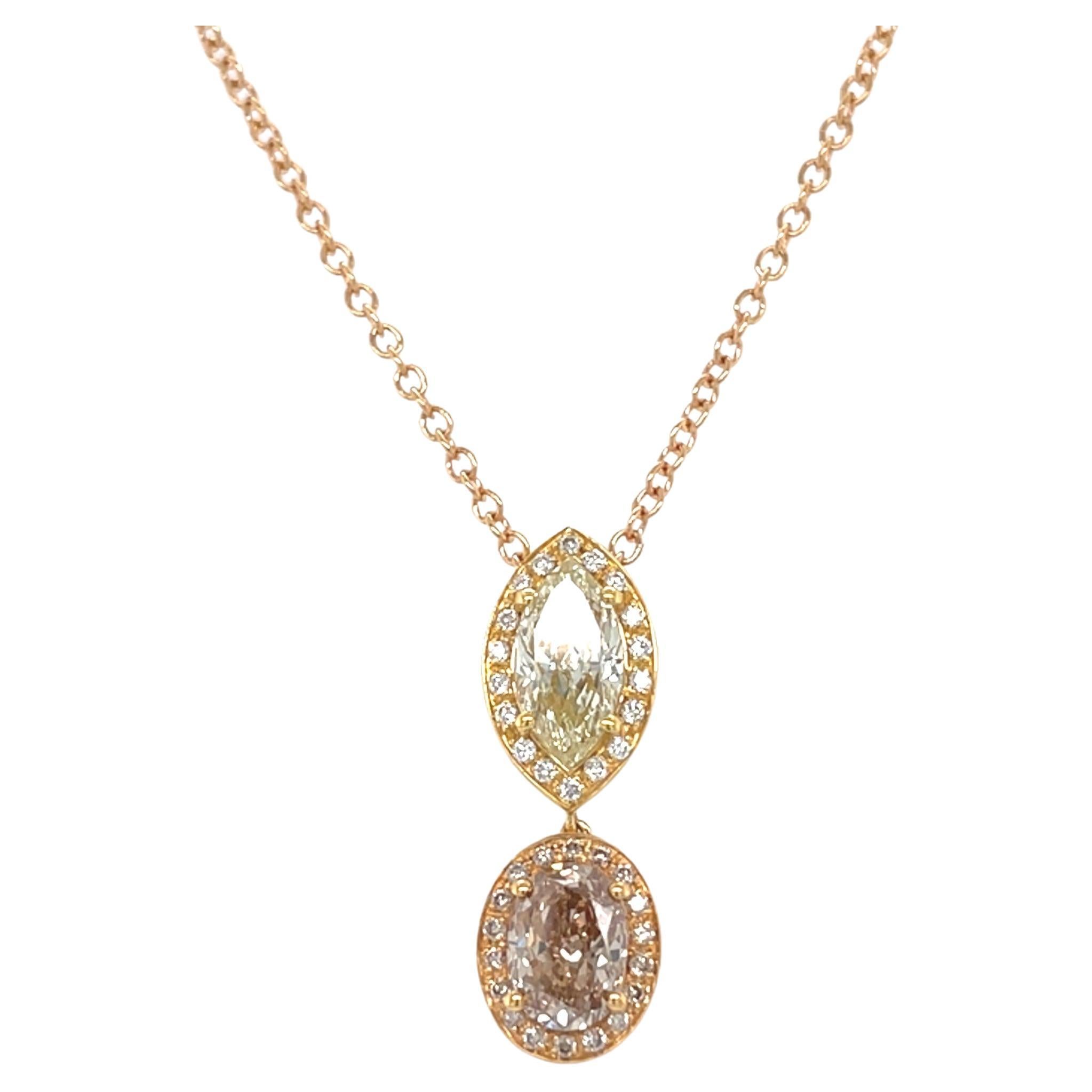 18 Karat Rose Yellow Gold Oval Marquise Diamond Pendant