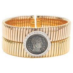 18 Karat Rose & Yellow Gold Vintage Roman Coin and Diamond Flex Bracelet