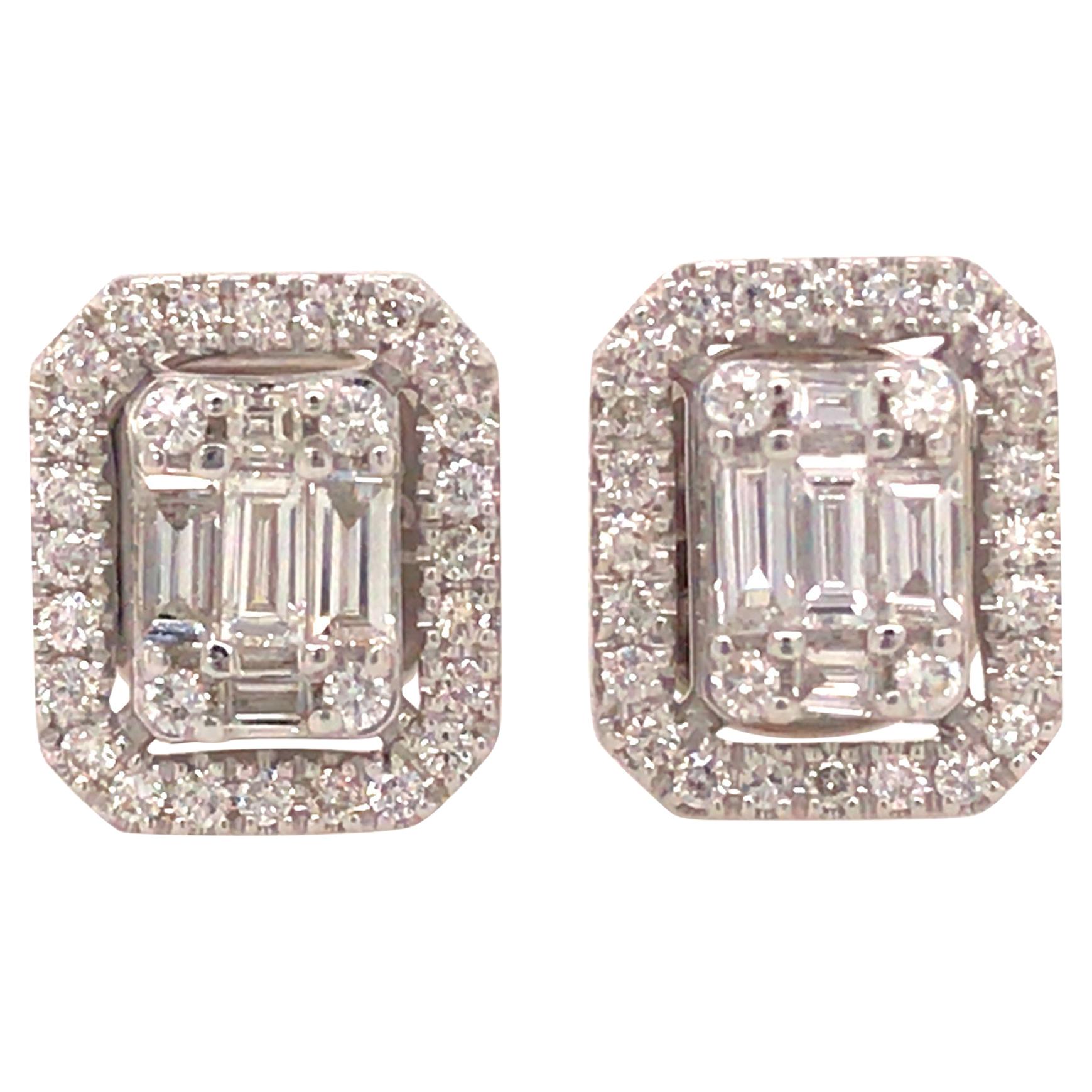 18 Karat Round and Baguette Diamond Cluster Earrings White Gold