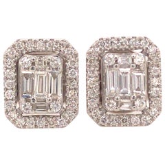 18 Karat Round and Baguette Diamond Cluster Earrings White Gold