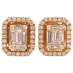 18 Karat Round and Baguette Diamond Cluster Earrings Yellow Gold