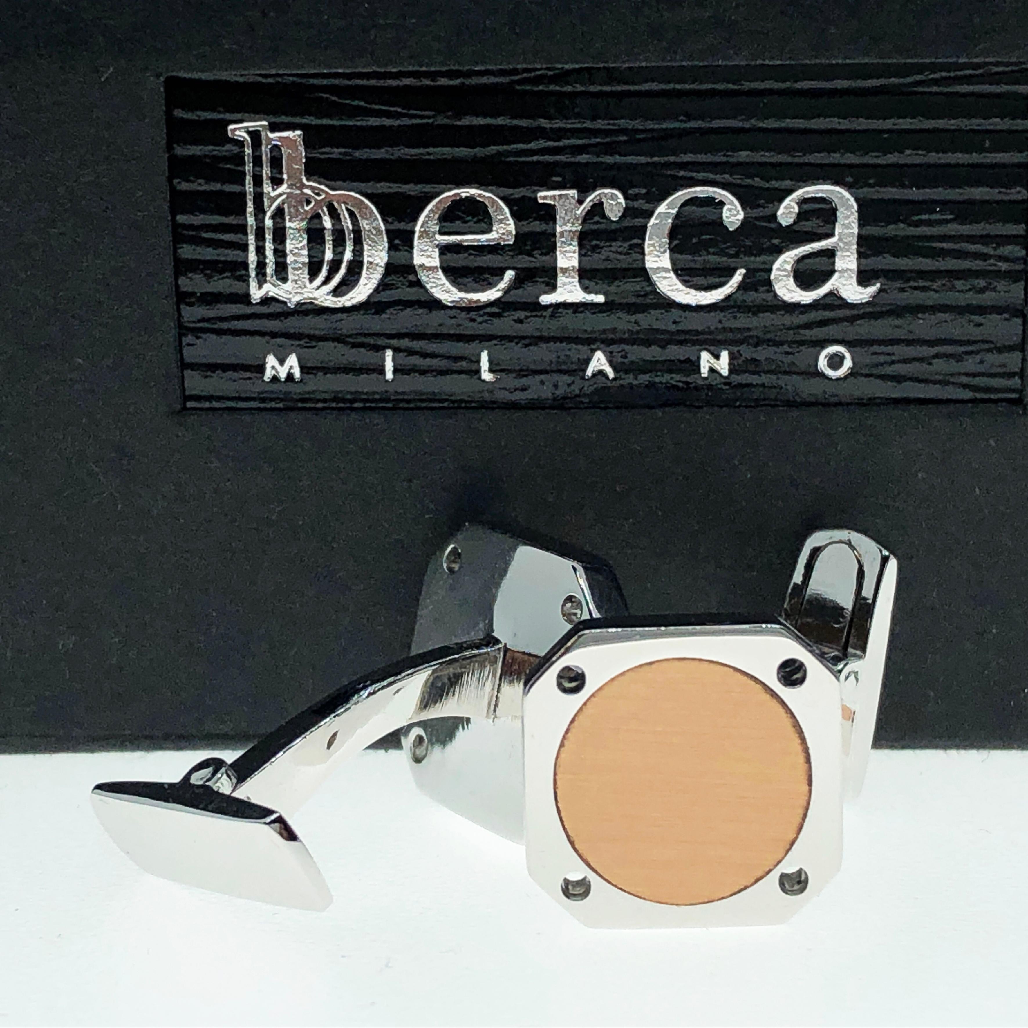 Men's Berca Round Brushed Rose Gold Squared Shaped Sterling Silver Cufflinks For Sale