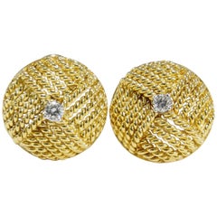 18 Karat Round Diamond Earrings Rope Motif Yellow Gold 0.27 Carat