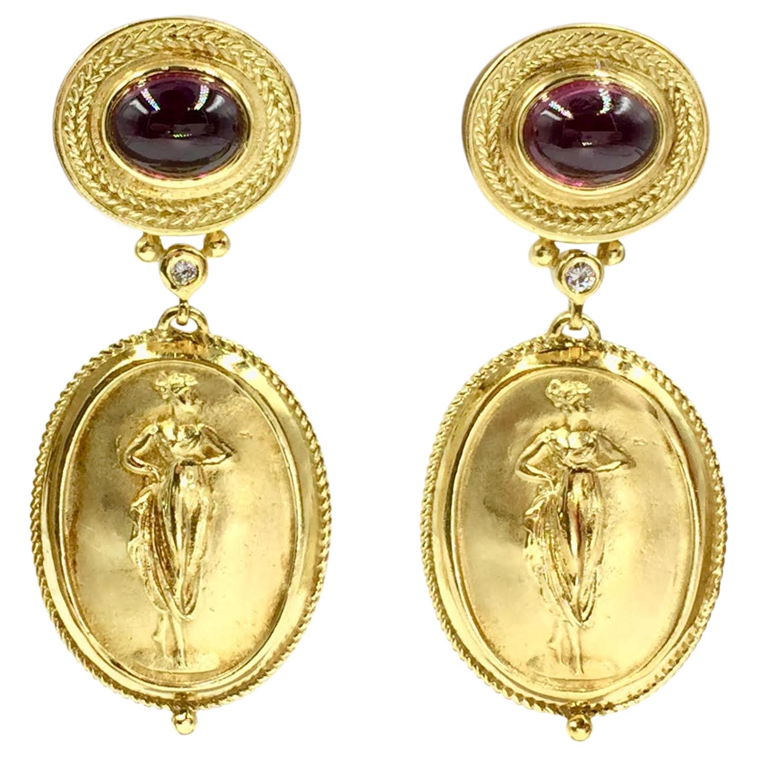 18 Karat Rubelite and Diamond Greek Revival Earrings