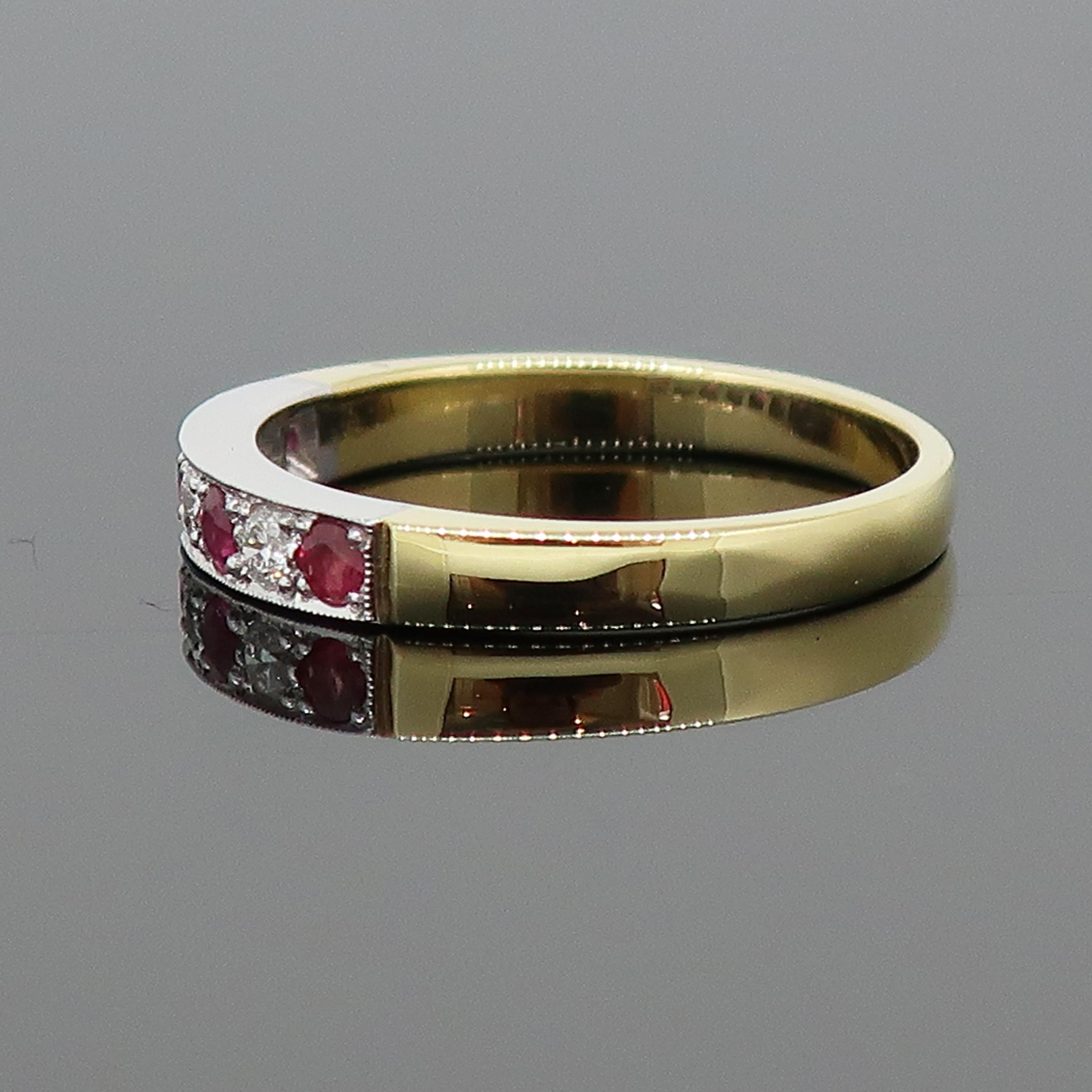 Edwardian 18 Karat Ruby and Diamond Eternity Band Ring Yellow and White Gold For Sale