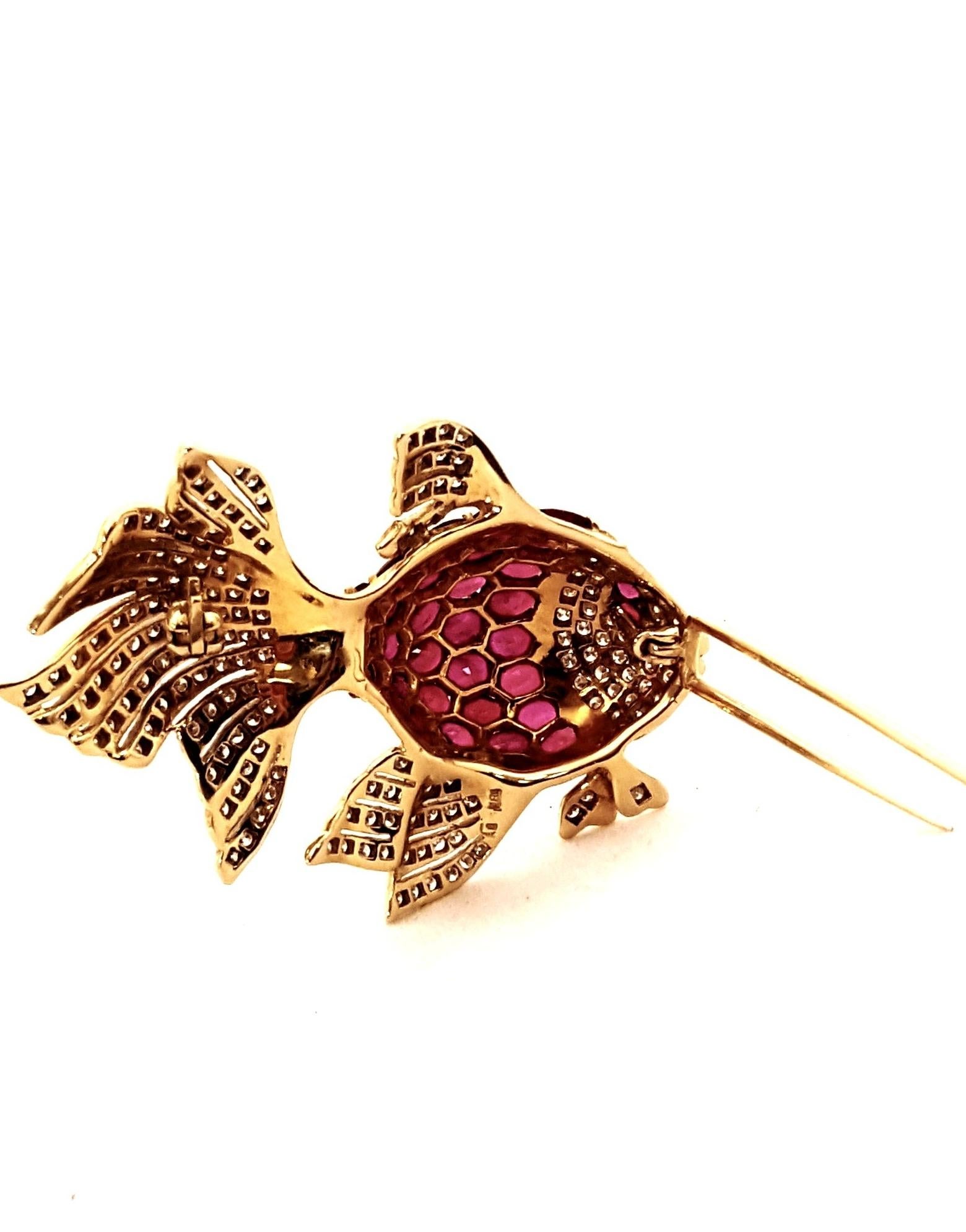 Women's 18 Karat Ruby and Diamond Fish Brooch For Sale