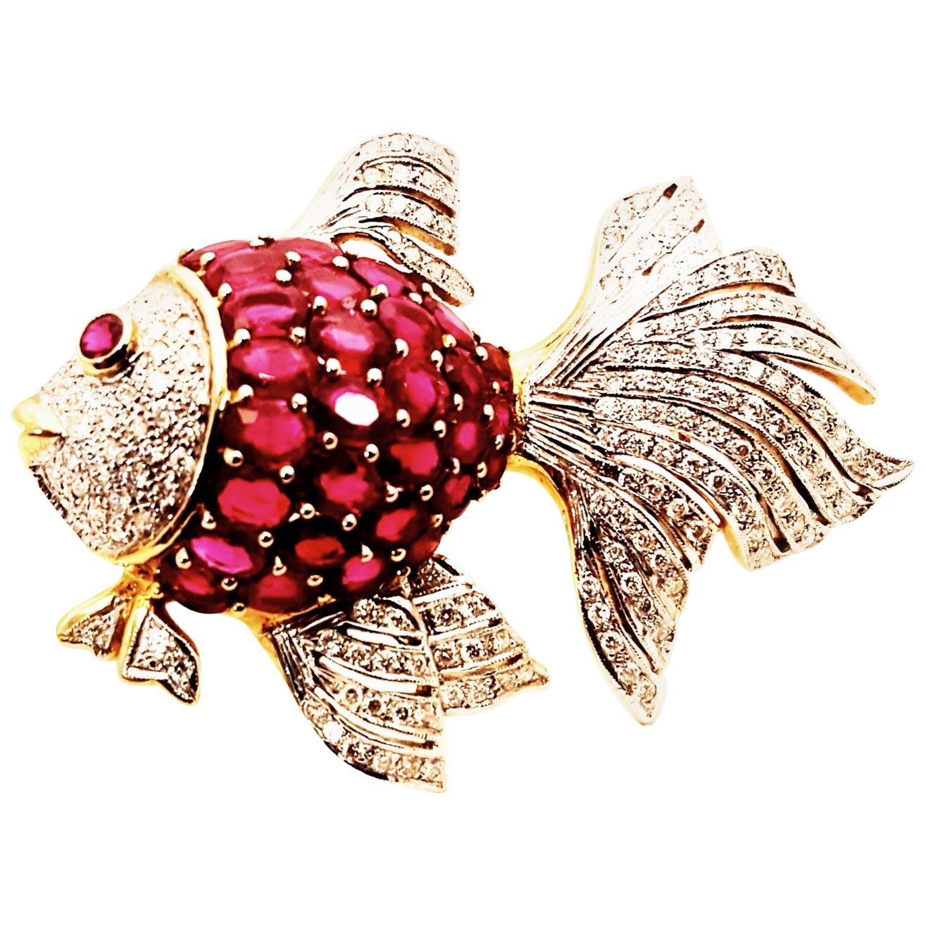 18 Karat Ruby and Diamond Fish Brooch For Sale