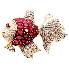 18 Karat Ruby and Diamond Fish Brooch