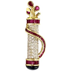 18 Karat Ruby and Diamond Golf Clubs and Bag Brooch or Pendant
