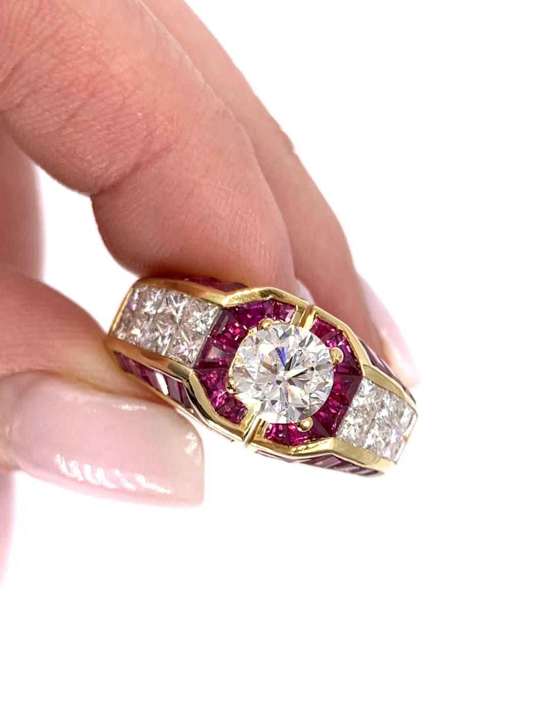 Made with superior quality by invisibly set fine jewelry designer, Quadrillion diamond company. This stunning 18 karat yellow gold mounting features 3.67 carats of high quality, well saturated genuine rubies and 1.06 carats of brilliant princess cut