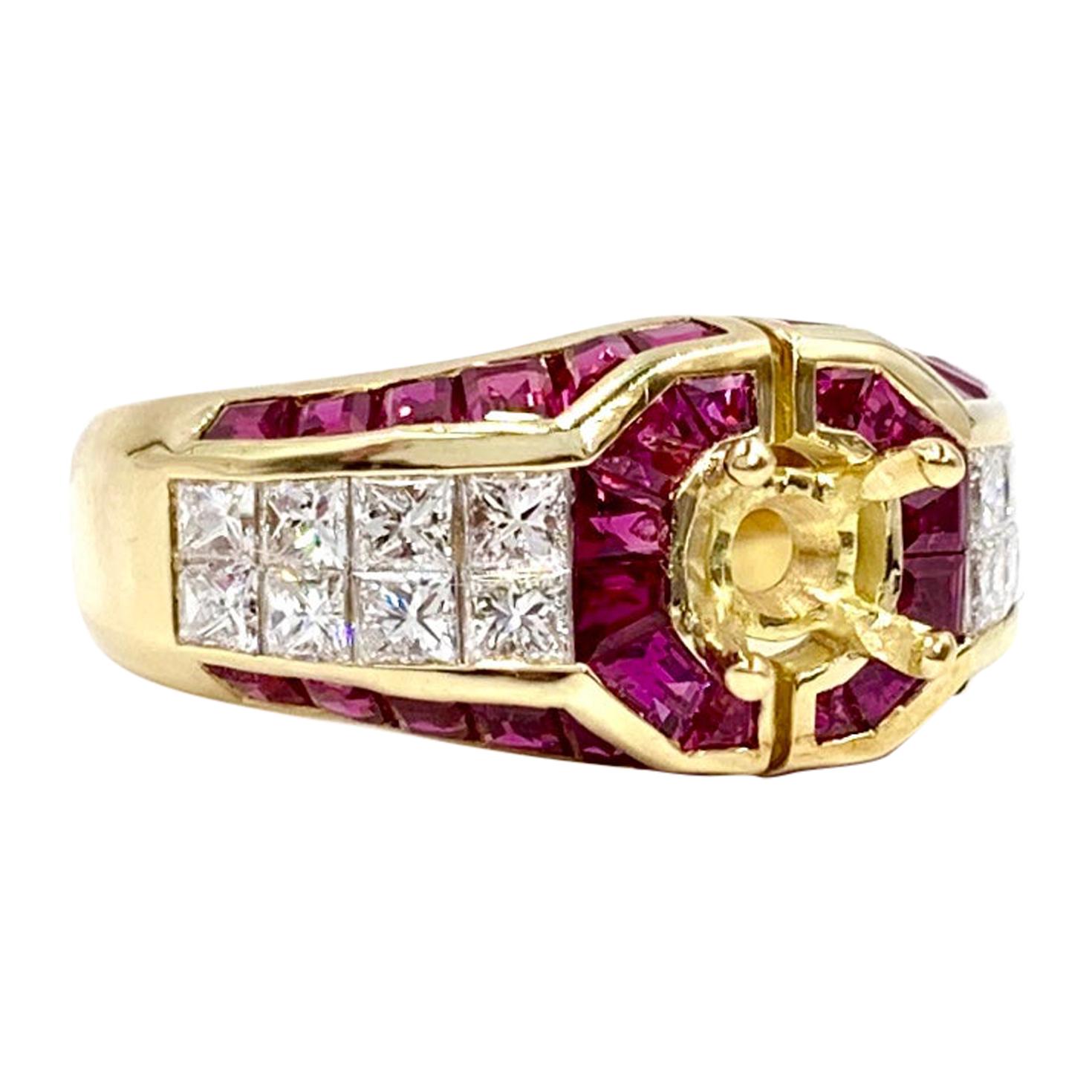 18 Karat Ruby and Diamond Mounting Ring For Sale