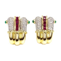 18 Karat Ruby, Diamond and Emerald Earrings