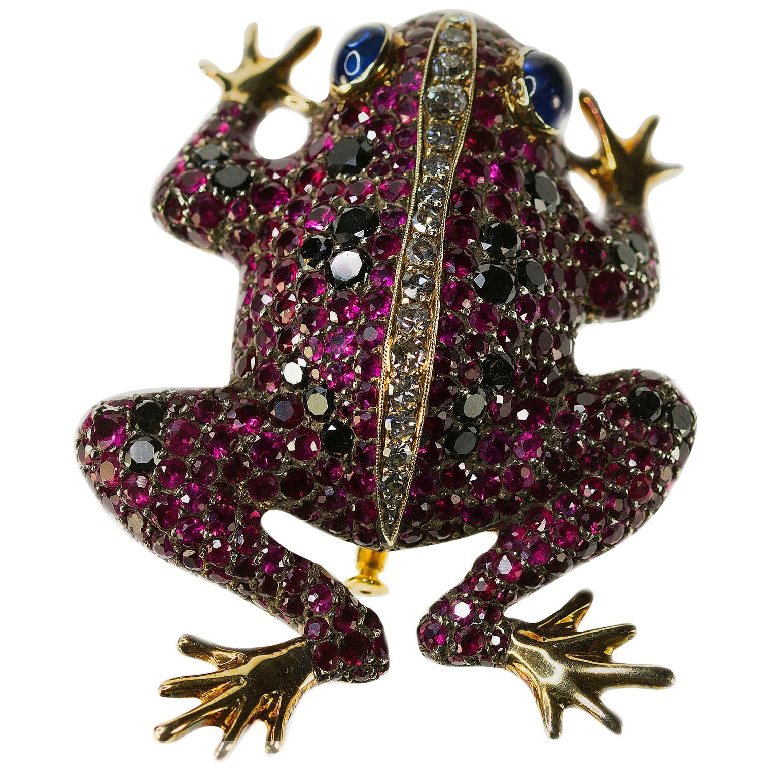 18 Karat Ruby, Diamond and Sapphire Frog Brooch For Sale