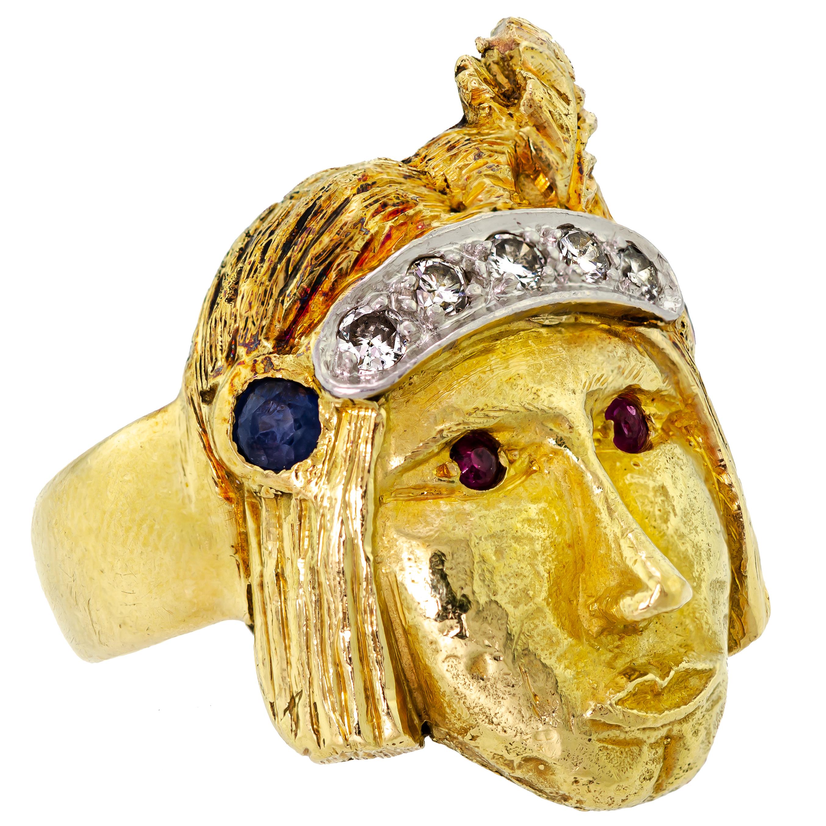 This exquisite Art Nouveau ring, hailing from the early 1900s, is a true embodiment of vintage jewelry's splendor. The ring spotlights a beautifully carved Native American head, intricately crafted in 18kt yellow gold. Dazzling diamonds, rich