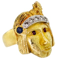 18-Karat, Ruby, Diamond and Sapphire Native American Head Ring