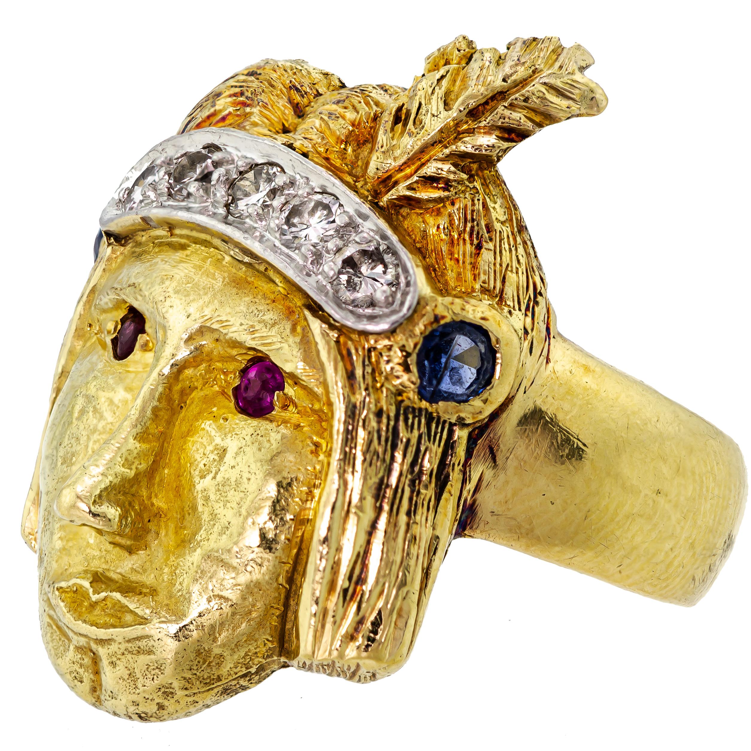 Art Nouveau 18-Karat, Ruby, Diamond and Sapphire Native American Head Ring For Sale